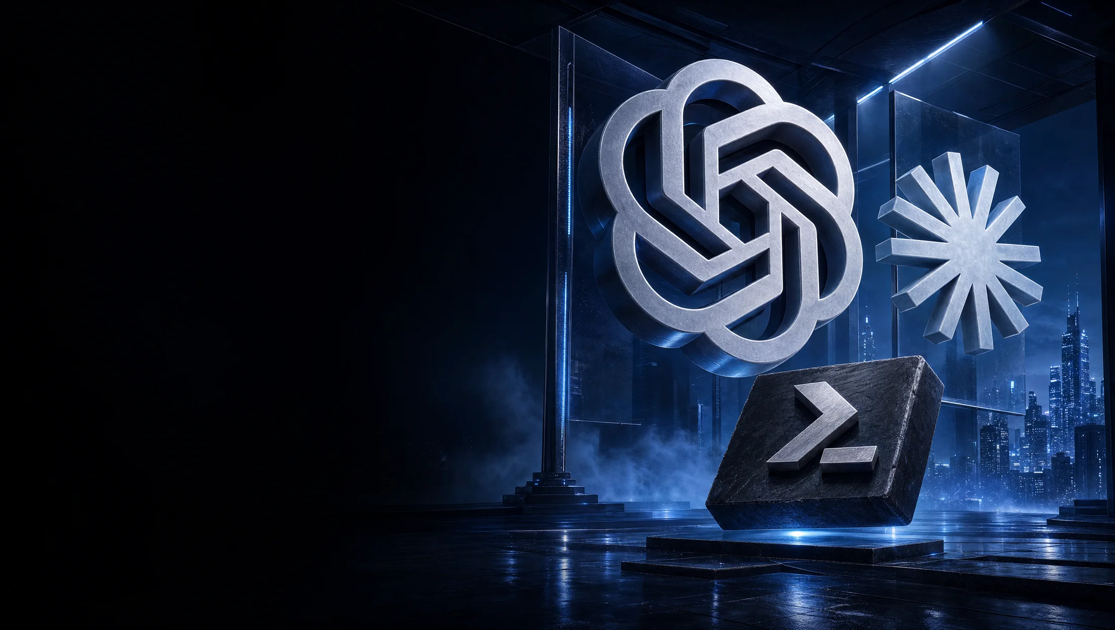 Esculturas 3D de OpenAI, Claude e um símbolo de terminal em uma cena azul